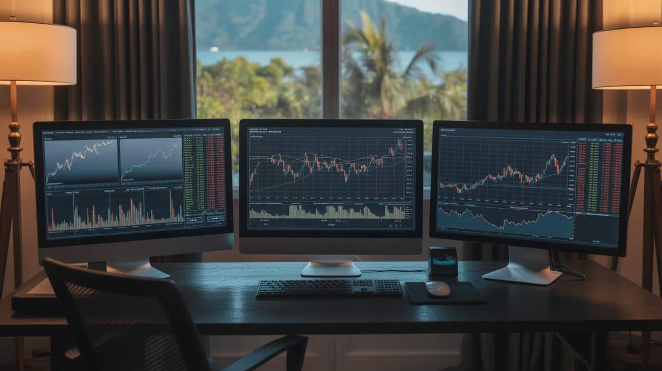 Professional workspace with crypto market analysis screens