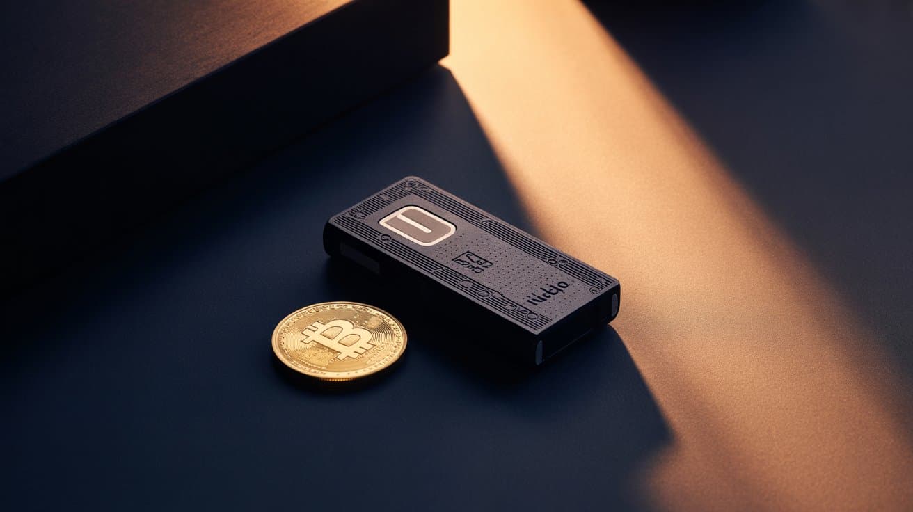 Hardware crypto wallet with gold coin on navy surface